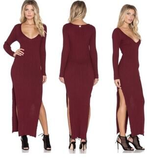 For Love & Lemons Knitz Burgundy Ribbed Body-con Maxi Dress High Slits Sz Med